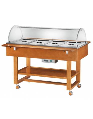 Carrello caldo bagnomaria in legno con cupola, Temp. +30 / +90°C - 4xGN1/1 - colore Noce - cm 148x112x125h