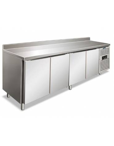 Tavolo refrigerato con alzatina 4 Porte ventilato -2° +8°C in acciaio inox AISI 304 -Classe C-Tropicalizzato -cm 223x70x96h