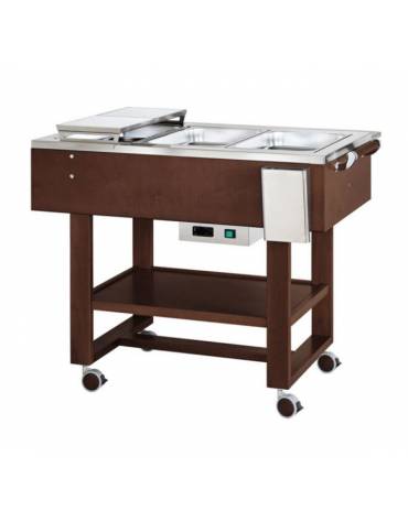 Carrello caldo bagnomaria in legno per bolliti e arrosti, Temp. +30 / +90°C - 3xGN1/1 - colore Wengè - cm 123x65x95h
