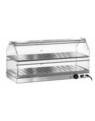 Vetrina riscaldata inox da banco per colazione, 2 piani - con umidificazione - vetri curvi - cm 85x35x40h