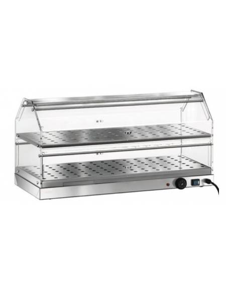 Vetrina riscaldata inox da banco per colazione, 2 piani - con umidificazione - vetri curvi - cm 85x35x40h