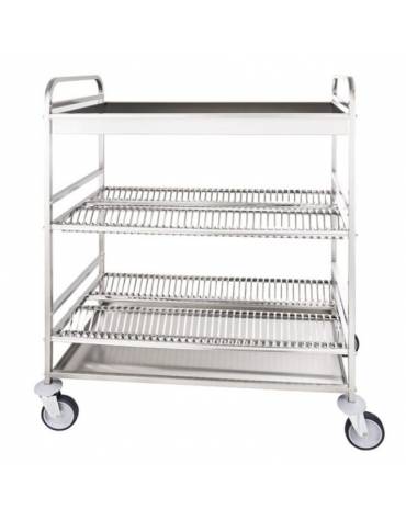 Carrello scolapiatti inox, capacità 2 ripiani scolapiatti e 1 per bicchieri, piano raccogli gocce - cm 110x62x134h
