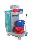 Carrello multiuso per pulizie con 1 secchio, un reggisacco, ganci portascope e cestino portabottiglie - cm 92x68x124h