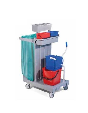 Carrello multiuso per pulizie con 1 secchio, un reggisacco, ganci portascope e cestino portabottiglie - cm 92x68x124h