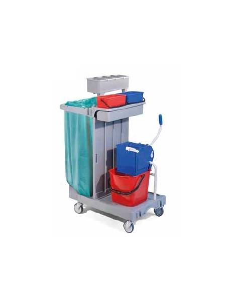 Carrello multiuso per pulizie con 1 secchio, un reggisacco, ganci portascope e cestino portabottiglie - cm 92x68x124h