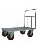 Carrello a pianale in lamiera 20/10, acciaio inox AISI 304, ruote pneumatiche, 4 ruote (2 fisse - 2 girevoli con freno) Ø cm 26 
