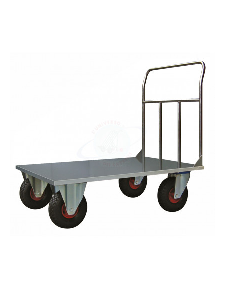 Carrello a pianale in lamiera 20/10, acciaio inox AISI 304, ruote pneumatiche, 4 ruote (2 fisse - 2 girevoli con freno) Ø cm 26 