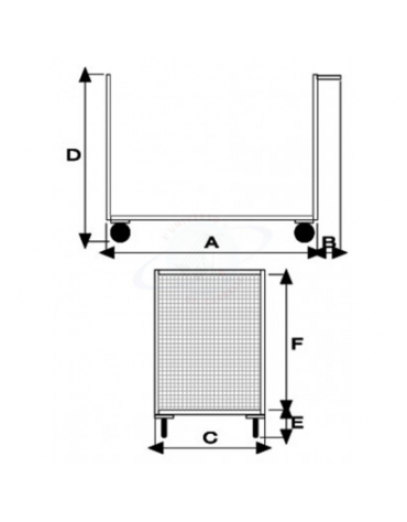 Carrello con pianale con 2 sponde in rete 4 ruote ( 2 fisse - 2 girevoli ) gomma industriale Ø cm 14 - cm 60x90x81h