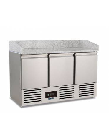 Saladette banco pizza refrigerato, 3 porte - Statico con agitatore +2°+8°C - Piano in granito - CLASSE C - cm 140×70×101h