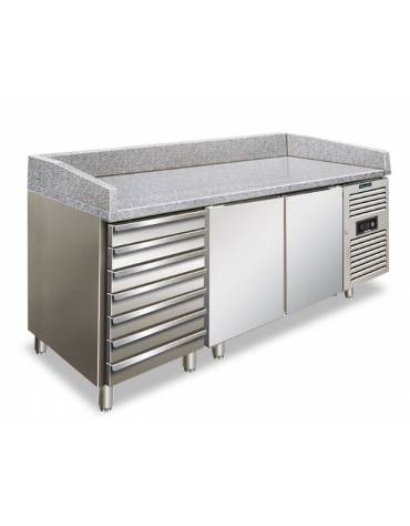 Tavolo refrigerato pizzeria 2 porte con 7 cassetti neutri, 580 Lt. - temp. -2°+8°C - piano in granito - mm 2025x800x1000h