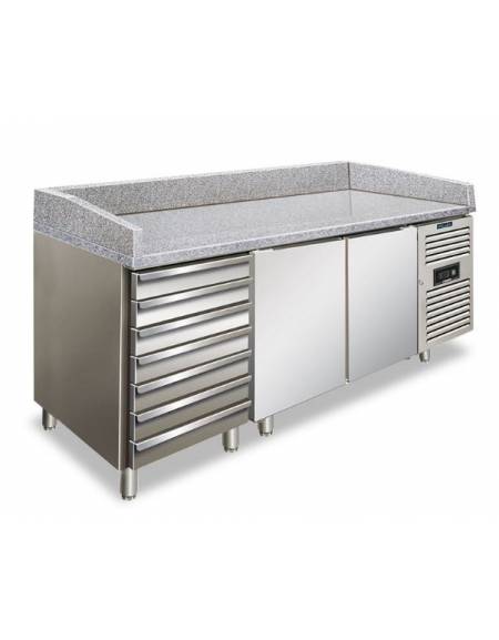 Tavolo refrigerato pizzeria 2 porte con 7 cassetti neutri, 580 Lt. - temp. -2°+8°C - piano in granito - mm 2025x800x1000h