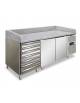Tavolo refrigerato pizzeria TROPICALIZZATO 2 porte con cassettiera a 7 cassetti neutri - Ventilato +2°+8°C - piano in granito -