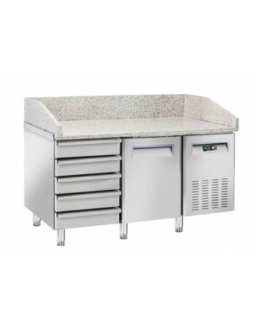 Tavolo pizza refrigerato con piano in granito e 1 sportello + cassettiera a 5 comparti neutri - temp. +2°/+8°C - cm 150x80x104h