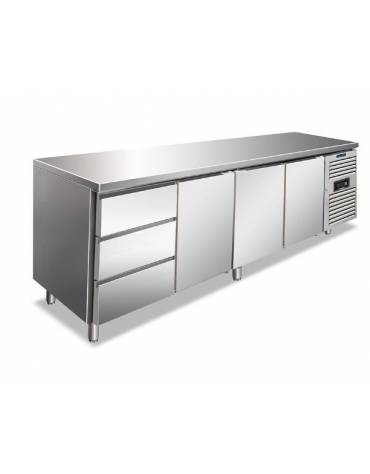Tavolo refrigerato 3 Porte + N° 1 Cassettiera a 3 cassetti GN 1/3 in inox AISI 304 - Ventilato TN -2°+8°C - cm 223x0x86h