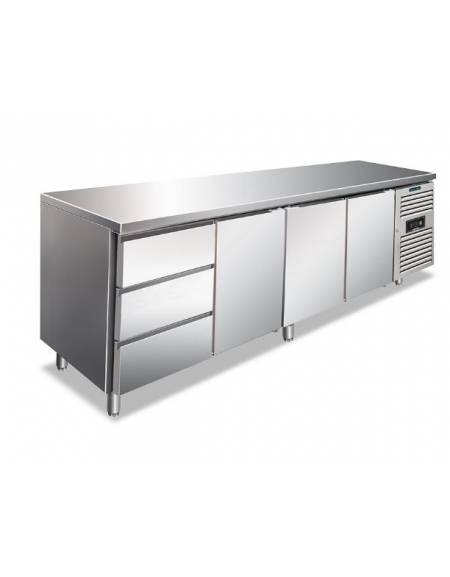 Tavolo refrigerato 3 Porte + N° 1 Cassettiera a 3 cassetti GN 1/3 in inox AISI 304 - Ventilato TN -2°+8°C - cm 223x70x86h