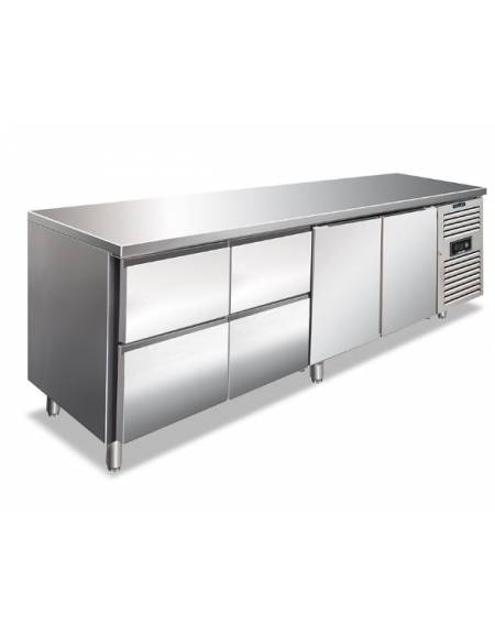Tavolo refrigerato Tropicalizzato 2 Porte +2 Cassettiere a 2 cassetti GN 1/2 in inox AISI 304-Ventilato TN -2°+8°C-cm 223x70x86h