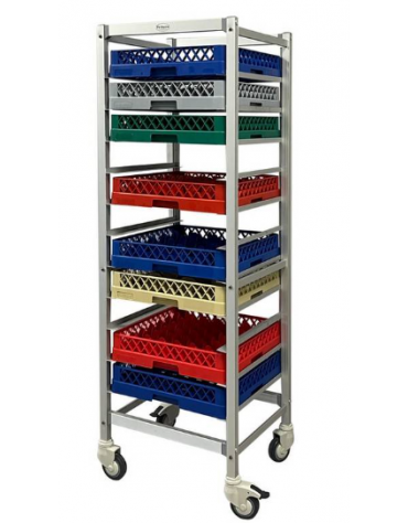 CARRELLO INOX PORTA PER CESTELLI CM 50x50 - 11 RIPIANI - 4 RUOTE DI CUI 2 CON FRENO - mm 520x580x1770h