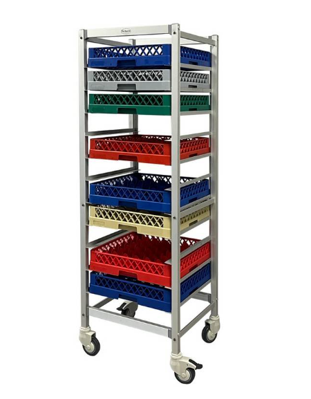 CARRELLO INOX PORTA PER CESTELLI CM 50x50 - 11 RIPIANI - 4 RUOTE DI CUI 2 CON FRENO - mm 520x580x1770h