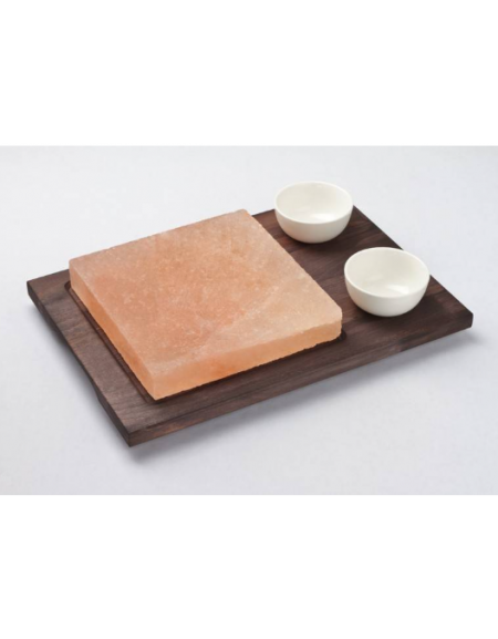 PIASTRA SALE QUADRATA CON BASE LEGNO E 2 CIOTOLE IN PORCELLANA - Larghezza mm 200 - Profondità mm 200