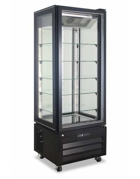 Vetrina Pasticceria ventilata no frost +2°/+8°C con 4 lati in vetro - colore nero - 1 porta - capacità 340 Lt - cm 65x65x195h