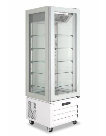 Vetrina Pasticceria ventilata no frost +2°/+8°C con 4 lati in vetro - colore bianco - 1 porta - capacità 340 Lt - cm 65x65x195h