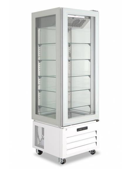 Vetrina Pasticceria ventilata no frost +2°/+8°C con 4 lati in vetro - colore bianco - 1 porta - capacità 340 Lt - cm 65x65x195h