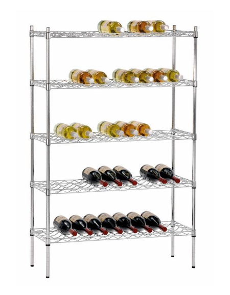SCAFFALE PER VINO IN ACCIAIO CROMATO A 5 RIPIANI - 9 BOTTIGLIE PER RIPIANO - cm 90x35x139h