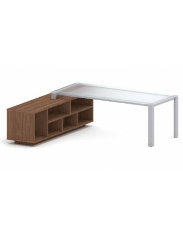 Scrivania direzionale vetro sagomata con gambe in metallo e servente - Colori Servente a scelta - cm 229x200x73h