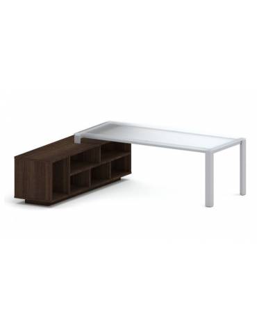 Scrivania direzionale vetro sagomata con gambe in metallo e servente - Colori Servente a scelta - cm 229x200x73h