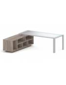 Scrivania direzionale vetro sagomata con gambe in metallo e servente - Colori Servente a scelta - cm 229x200x73h