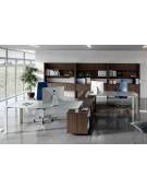 Scrivania direzionale vetro sagomata con gambe in metallo e servente - Colori Servente a scelta - cm 229x200x73h