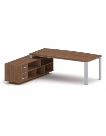 Scrivania direzionale sagomata con gambe in metallo e servente con cassettiera - Colori a scelta - cm 229x200x75h