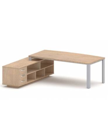 Scrivania direzionale sagomata con gambe in metallo e servente con cassettiera - Colori a scelta - cm 229x200x75h