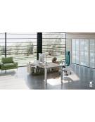 Scrivania direzionale sagomata con gambe in metallo e servente con cassettiera - Colori a scelta - cm 229x200x75h