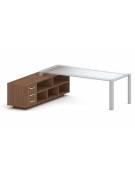 Scrivania direzionale vetro sagomata con gambe in metallo e servente con cassettiera - Colori Servente a scelta - cm 229x200x73h