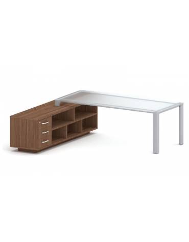 Scrivania direzionale vetro sagomata con gambe in metallo e servente con cassettiera - Colori Servente a scelta - cm 229x200x73h