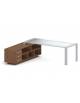 Scrivania direzionale vetro sagomata con gambe in metallo e servente con cassettiera - Colori Servente a scelta - cm 229x200x73h