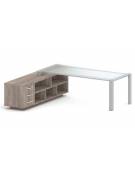Scrivania direzionale vetro sagomata con gambe in metallo e servente con cassettiera - Colori Servente a scelta - cm 229x200x73h