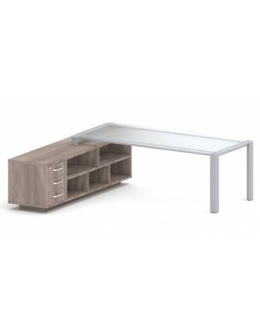 Scrivania direzionale vetro sagomata con gambe in metallo e servente con cassettiera - Colori Servente a scelta - cm 229x200x73h