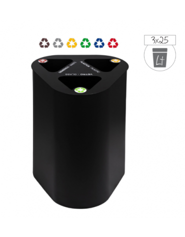 Pattumiera per raccolta differenziata, metallo verniciato nero, capacità 3x25 Lt. - Dim. 48x48x71h