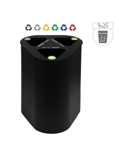 Pattumiera per raccolta differenziata, metallo verniciato nero, capacità 3x25 Lt. - Dim. 48x48x71h