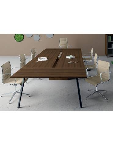 Tavolo riunione con canalizzazione sottopiano, piano melaminico spessore mm 25, struttura metallica