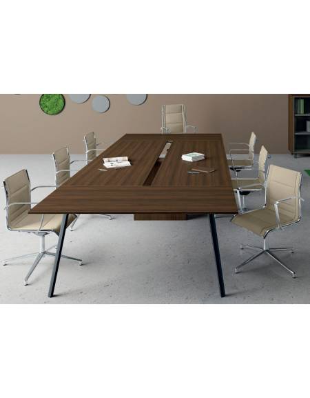 Tavolo riunione con canalizzazione sottopiano, piano melaminico spessore mm 25, struttura metallica