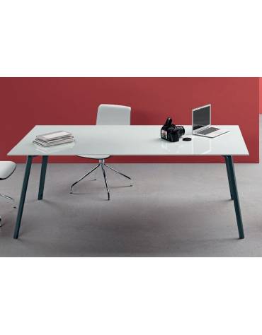 Tavolo riunione piano in vetro retro laccato e struttura metallica - Colori a scelta - cm 180x90x72h