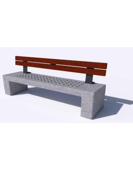 Panchina in cemento calcestruzzo con seduta forata, colore Grigio pietra - schienale in legno - cm 220x60x90h - Conforme ai CAM