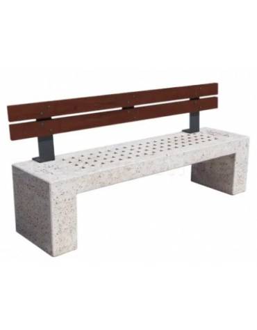 Panchina in cemento calcestruzzo con seduta forata, colore Bianco pietra - schienale in legno - cm 200x50x90h - Conforme ai CAM