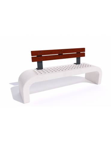Panchina in cemento fianchi curvi con seduta forata, colore Bianco pietra - schienale in legno - cm 200x50x90h - Conforme ai CAM