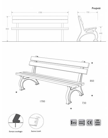Panchina in acciaio inox e legno con schienale - Lunghezza cm 180