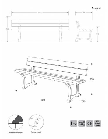 Panchina in acciaio inox e legno con schienale - Lunghezza cm 180