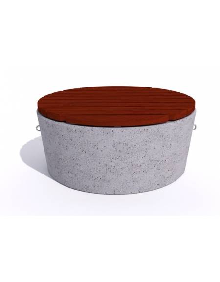 Panchina tonda svasata in cemento calcestruzzo colore Bianco pietra - seduta rivestita in legno - cm Ø112x50h - Conforme ai CAM